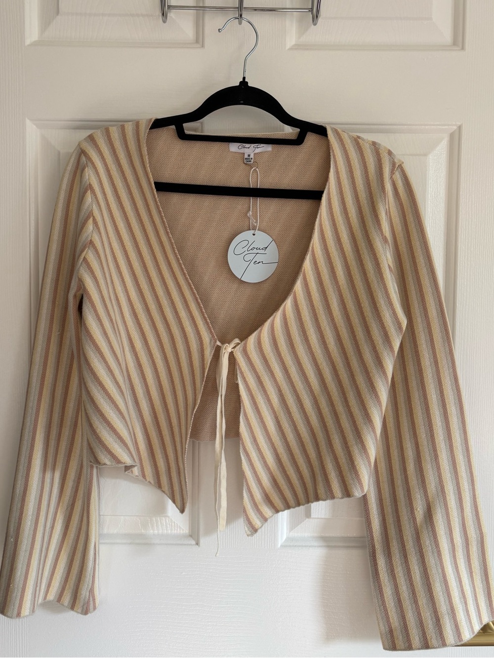 Striped Cream and Tan Women's Tie Front Wide Sleeve Top